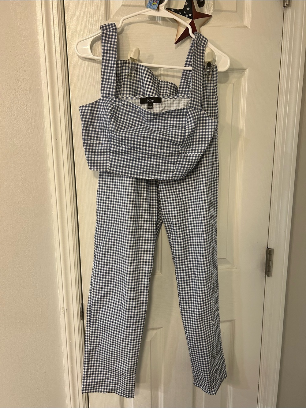 Lulu's Blue Gingham Sleeveless Square-Neck Jumpsuit